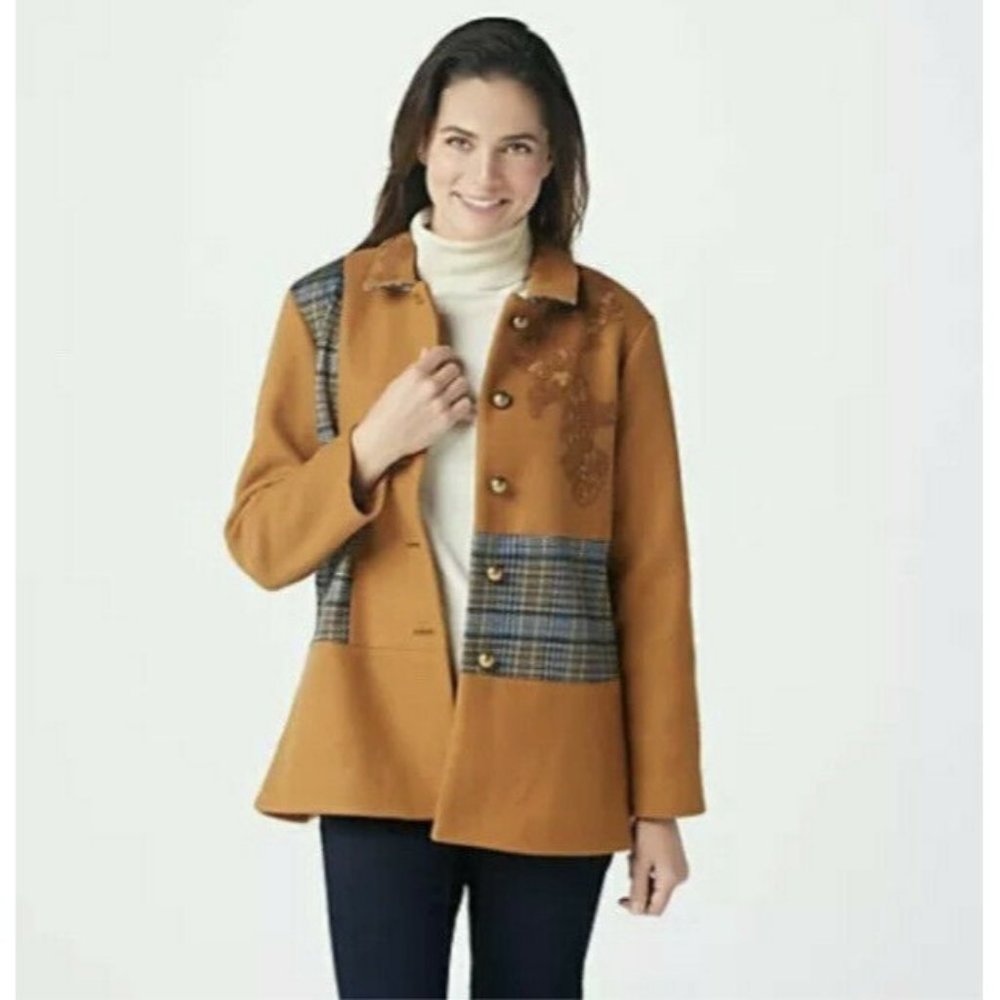 LOGO Lavish by Lori Goldstein 3X Coat w/ Plaid Panels & Mesh Applique Tan NWOT